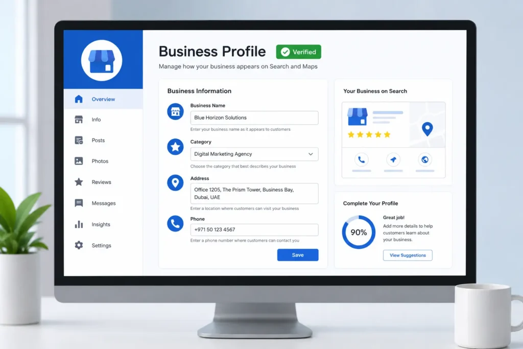 Google Business Profile setup and verification dashboard for a Dubai business