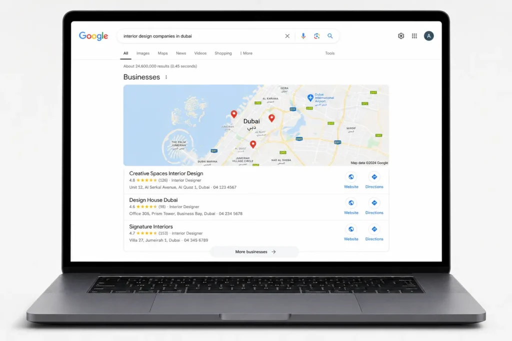 Google Maps local pack Dubai showing top 3 business listings in search results
