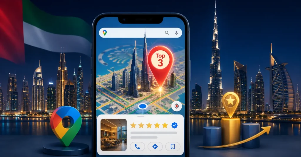 Google Maps ranking Dubai – local business appearing in top 3 results on Google Maps with Dubai skyline in background