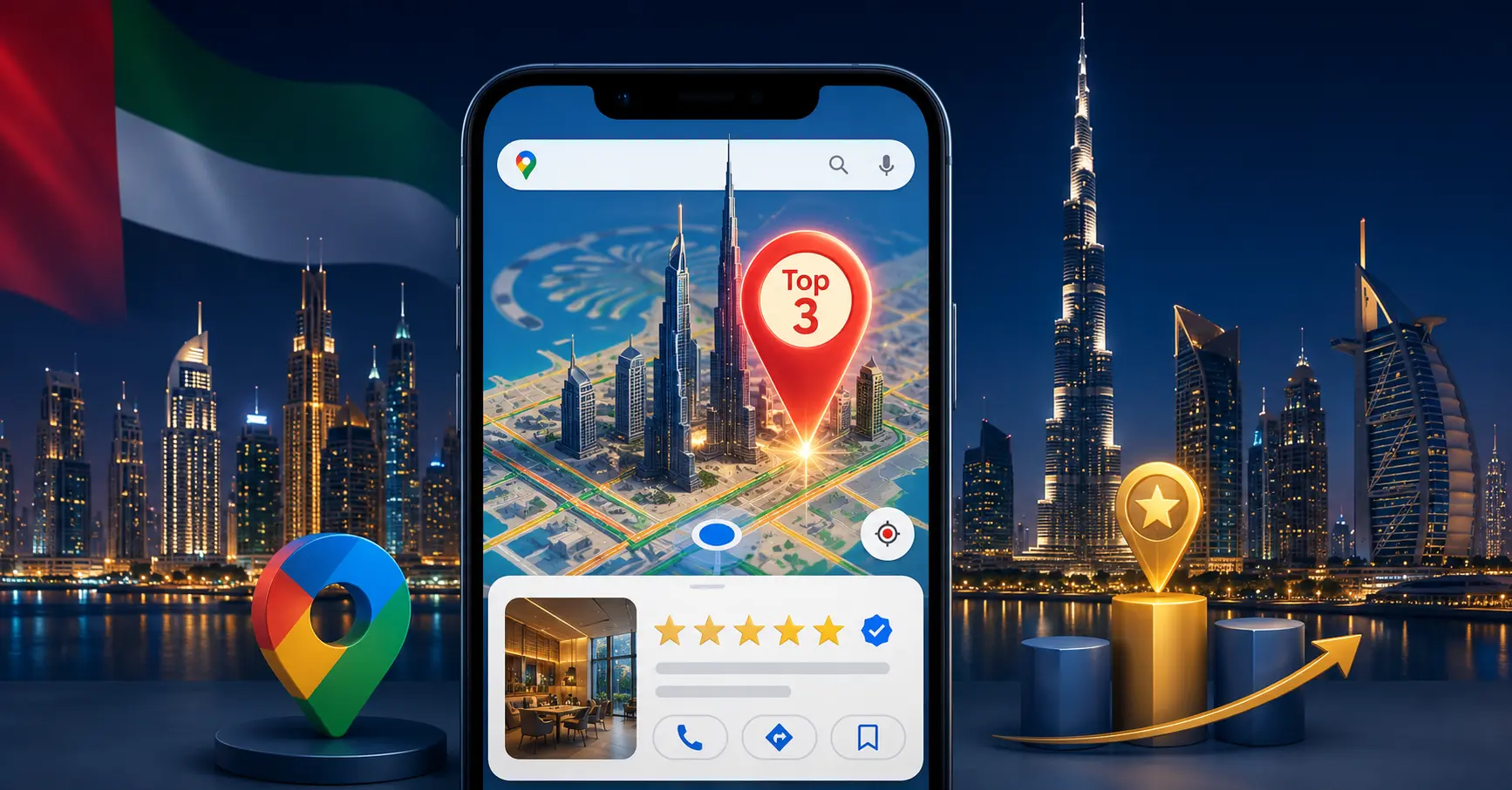Google Maps ranking Dubai – local business appearing in top 3 results on Google Maps with Dubai skyline in background