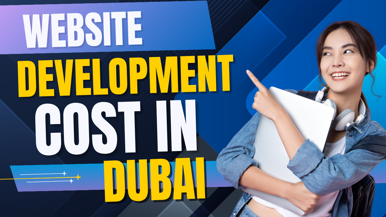 showing website cost in Dubai — a laptop displaying a website design mockup with the Dubai skyline and Burj Khalifa in the background, alongside a gold price tag and coins.